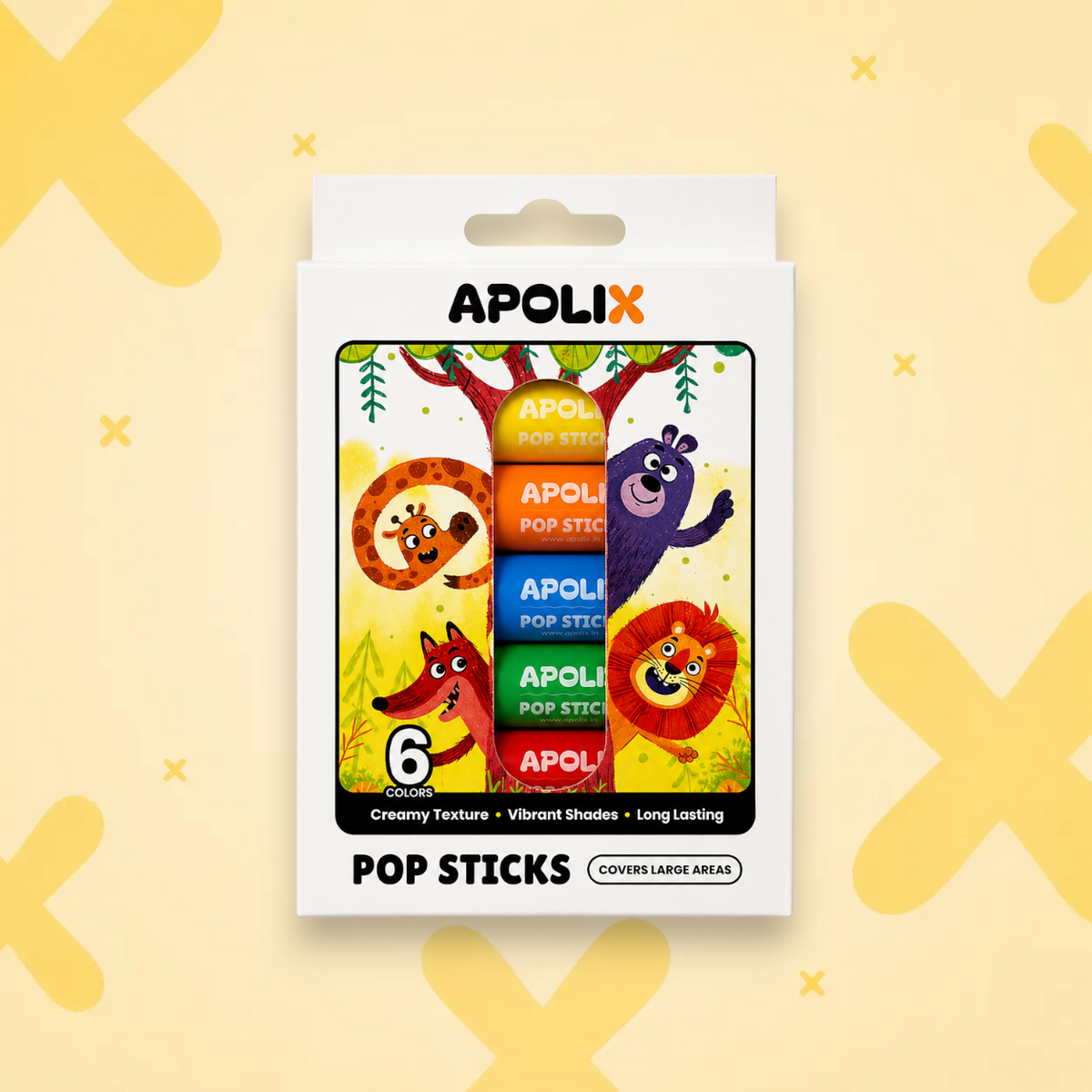 A boxed set of Apolix Pop Sticks makeup on a pale yellow background with large yellow X shapes. The white retail package shows six colorful pop sticks with animal illustrations and text including '6 shades' and 'POPs STICKS'.