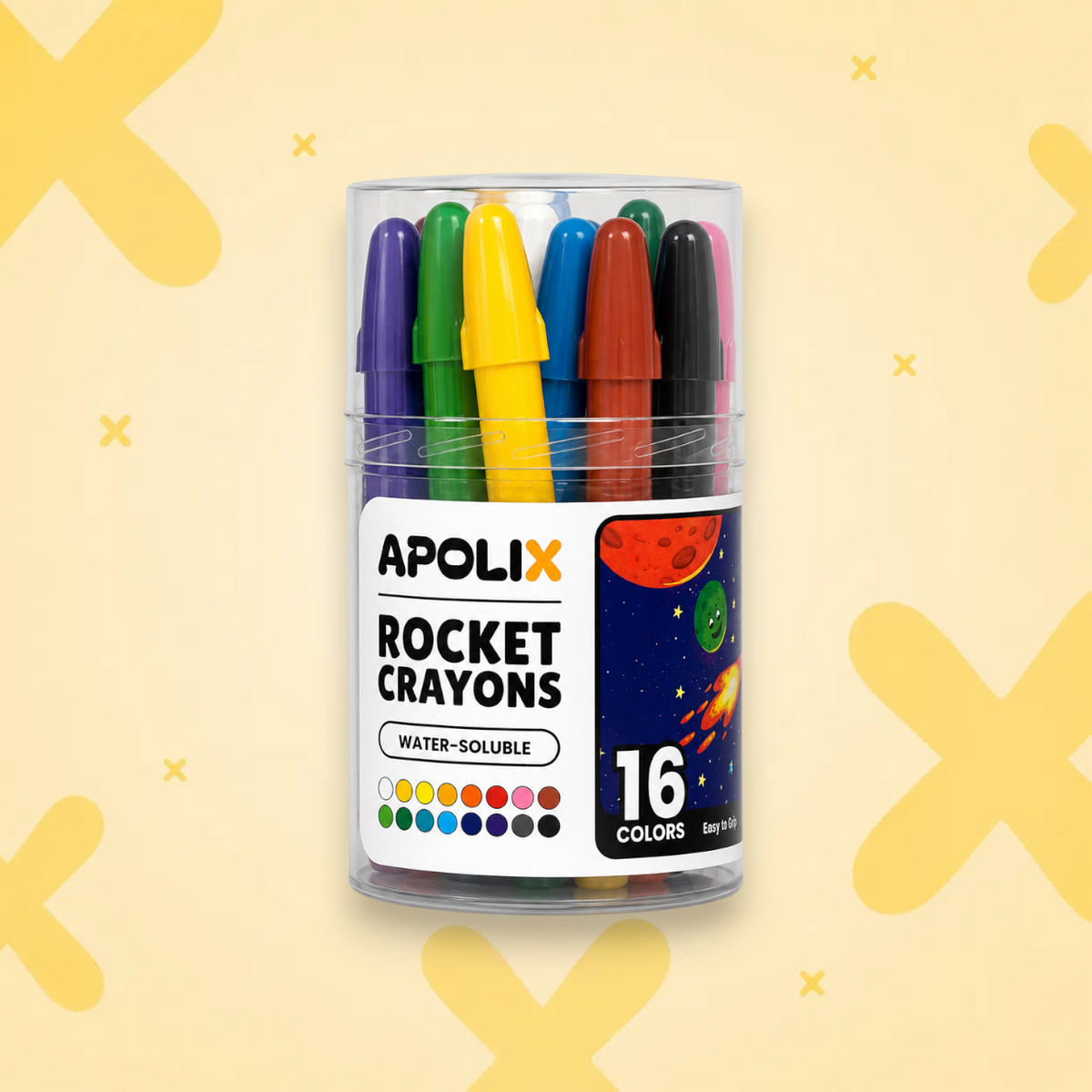 A 16-piece set of Apolix Rocket Crayons in a clear plastic tube jar, featuring a variety of water-soluble crayon colors on a light yellow background with abstract yellow 'X' shapes.

wax crayons, crayons set, crayon kit, crayons colour set, grasp crayons