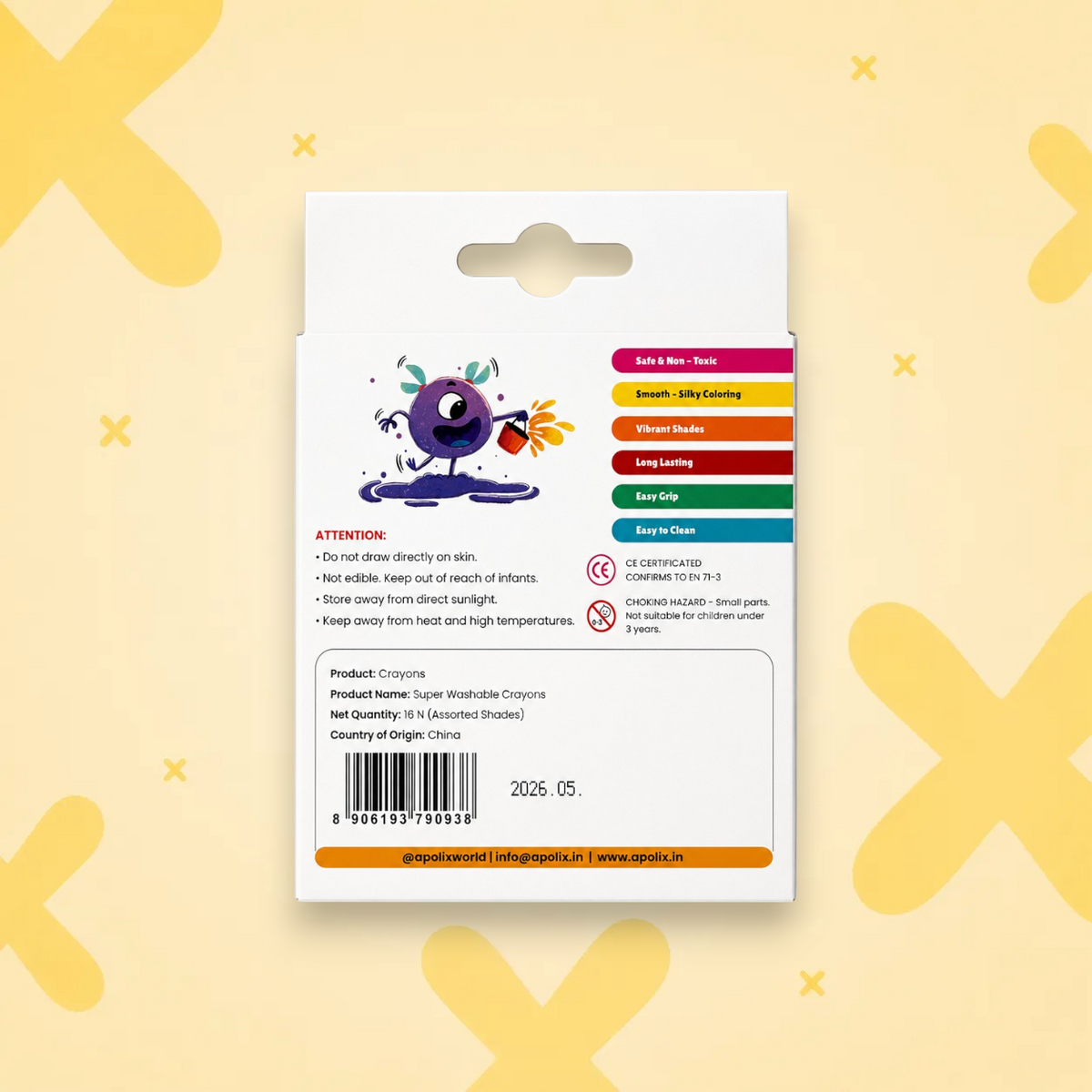 A product information card for Super Washable Crayon, featuring a cartoon purple eye character and product details, set against a light yellow patterned background.