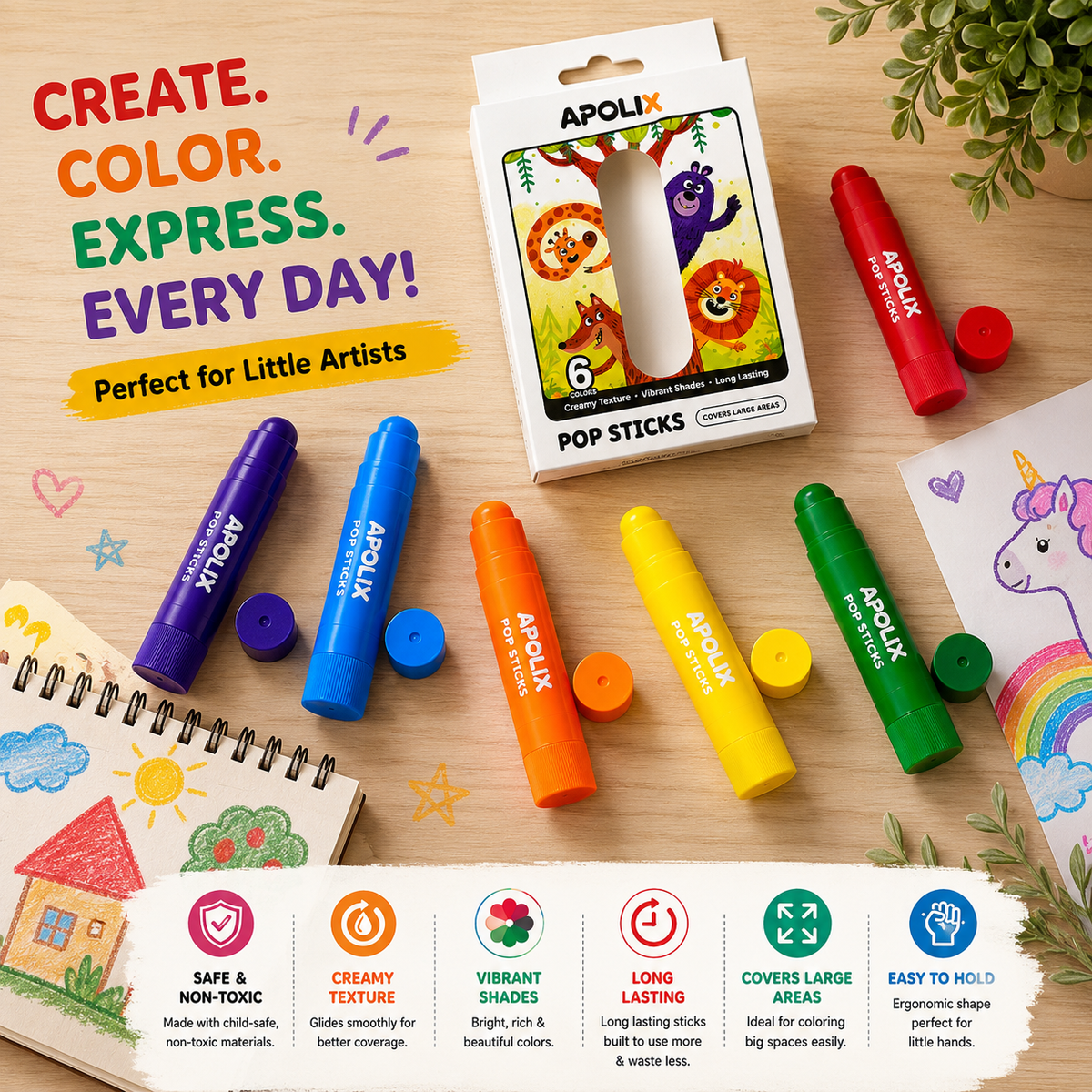 Apolix Pop Sticks 6 Colours | Jumbo Crayon Sticks