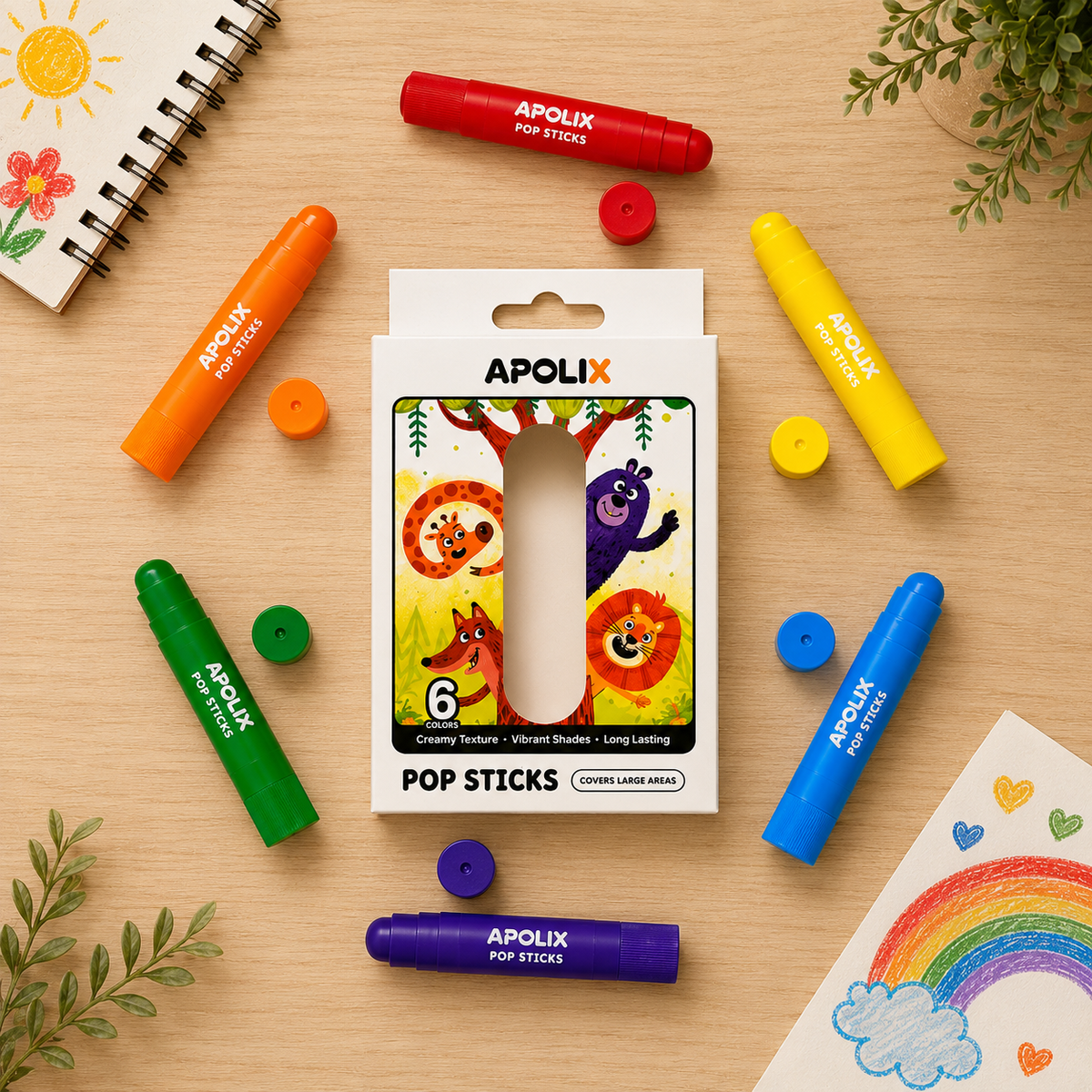 Apolix Pop Sticks 6 Colours | Jumbo Crayon Sticks