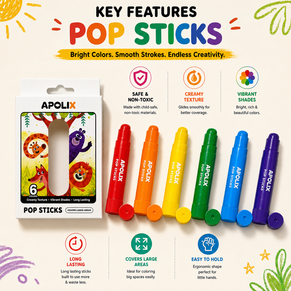 Apolix Pop Sticks 6 Colours | Jumbo Crayon Sticks