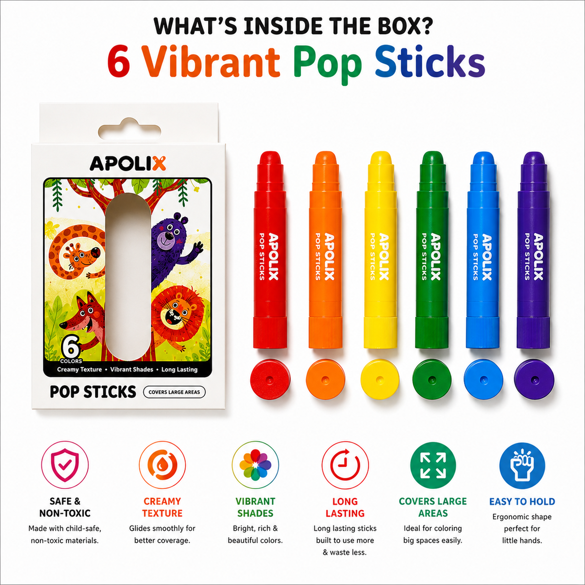 Apolix Pop Sticks 6 Colours | Jumbo Crayon Sticks