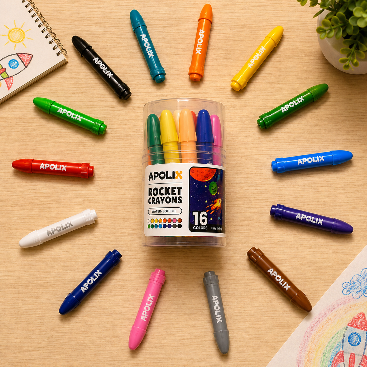 Apolix Rocket Crayons 16 Colours | Water Soluble Wax Crayons