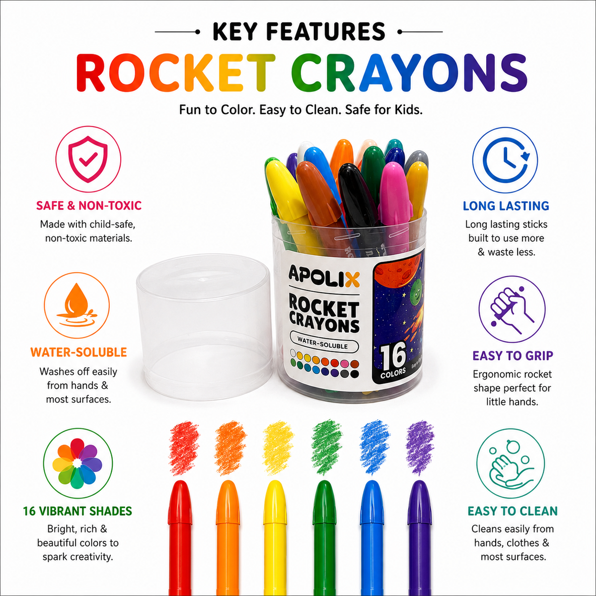 Apolix Rocket Crayons 16 Colours | Water Soluble Wax Crayons