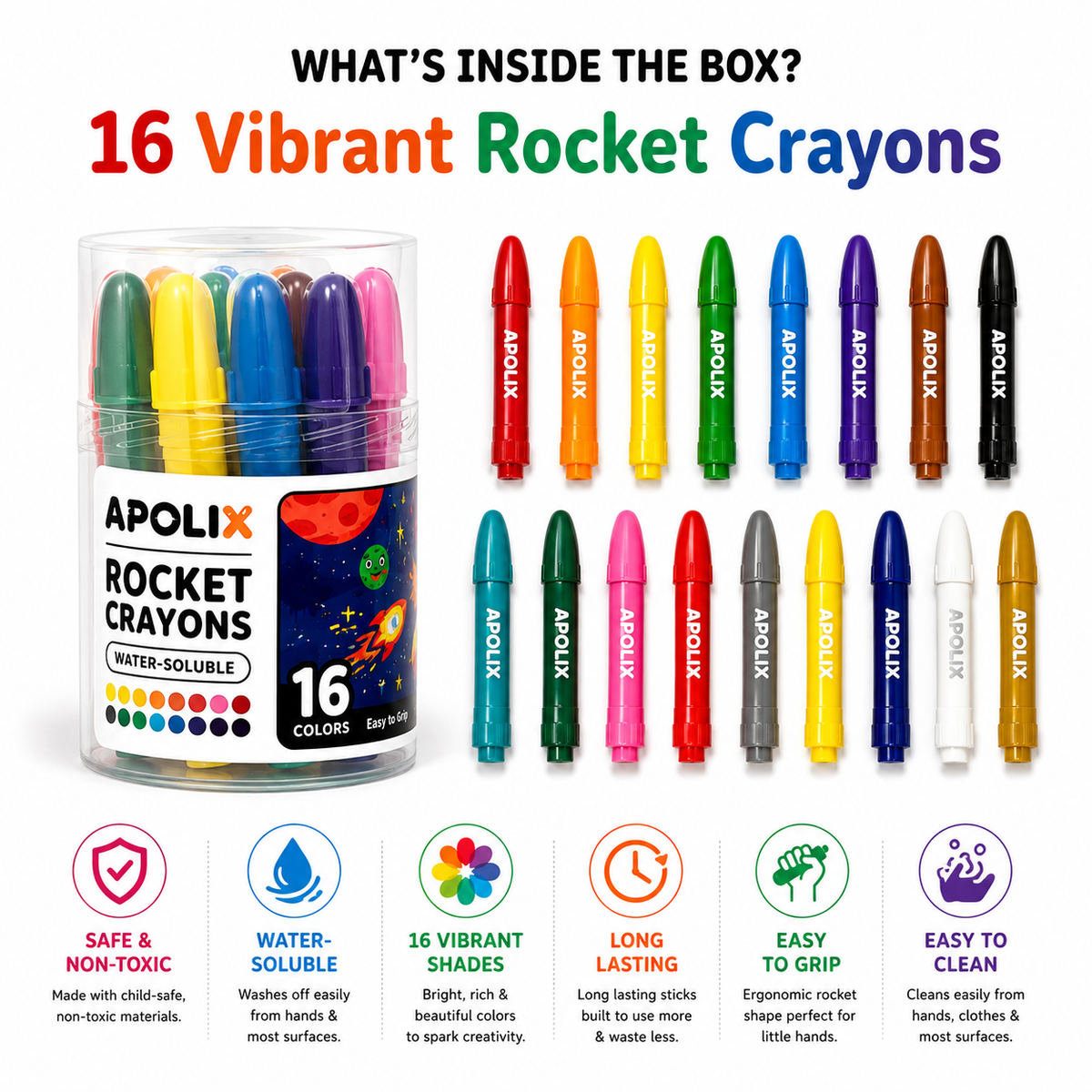 Apolix Rocket Crayons 16 Colours | Water Soluble Wax Crayons