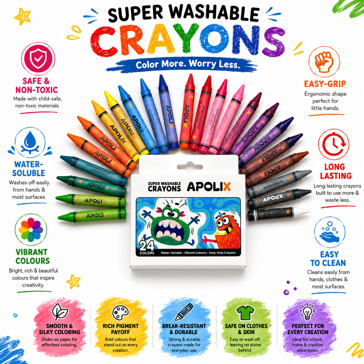 Apolix Super Washable Crayons 24 Colours | Kids Crayons