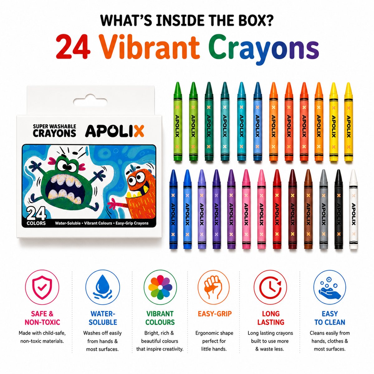 Apolix Super Washable Crayons 24 Colours | Kids Crayons