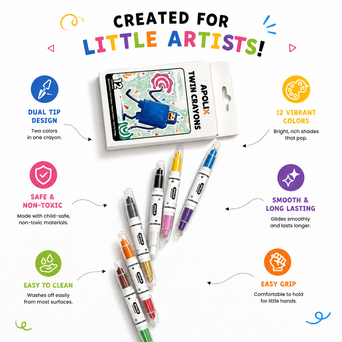Apolix Twin Crayons 12 Colours | Dual Tip Kids Crayons