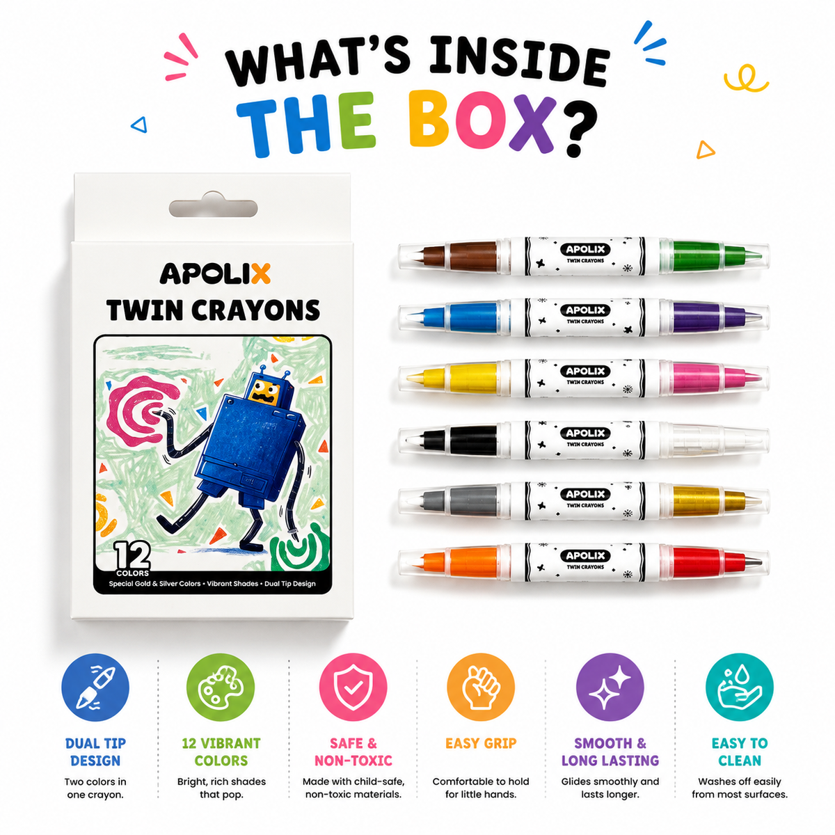 Apolix Twin Crayons 12 Colours | Dual Tip Kids Crayons