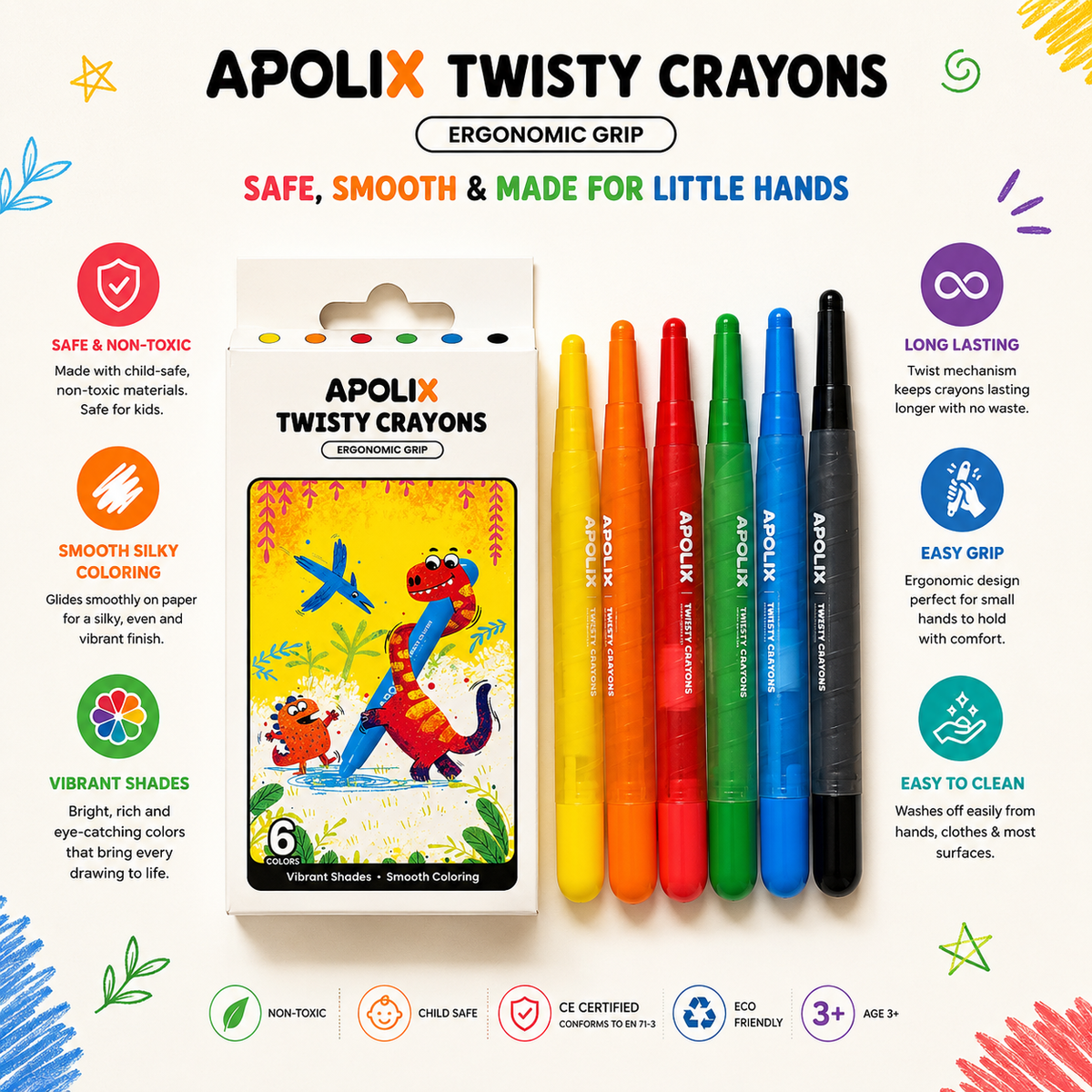 Apolix Twisty Crayons 6 Colours | Twist-Up Kids Crayons