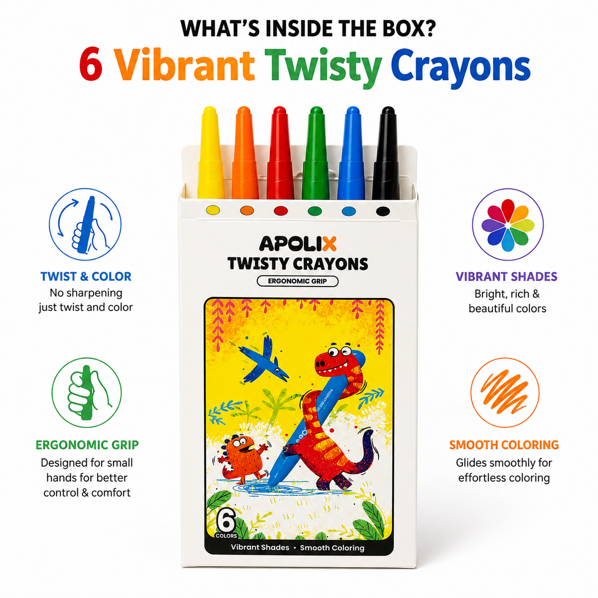 Apolix Twisty Crayons 6 Colours | Twist-Up Kids Crayons