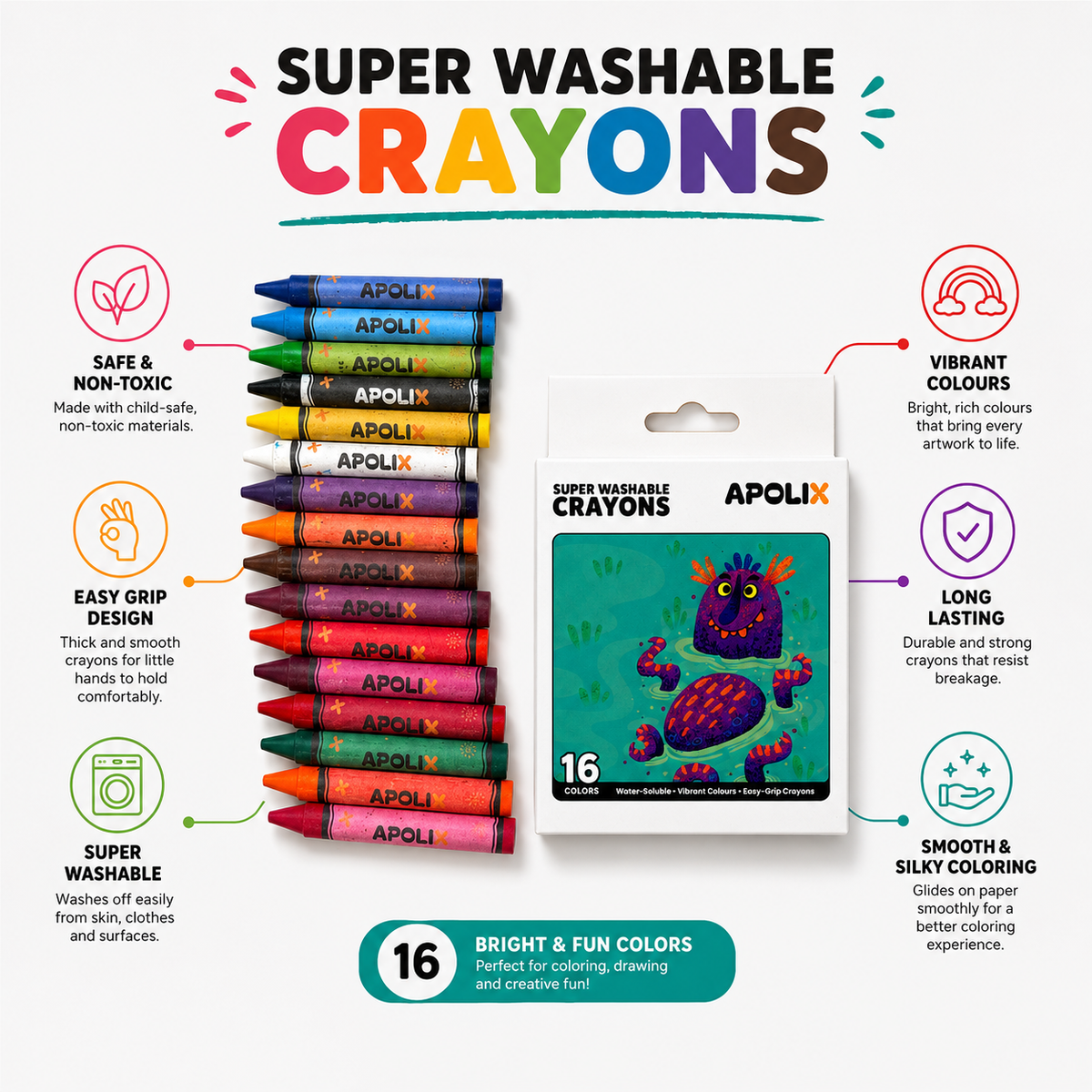 Apolix Super Washable Crayons 16 Colours | Kids Crayons