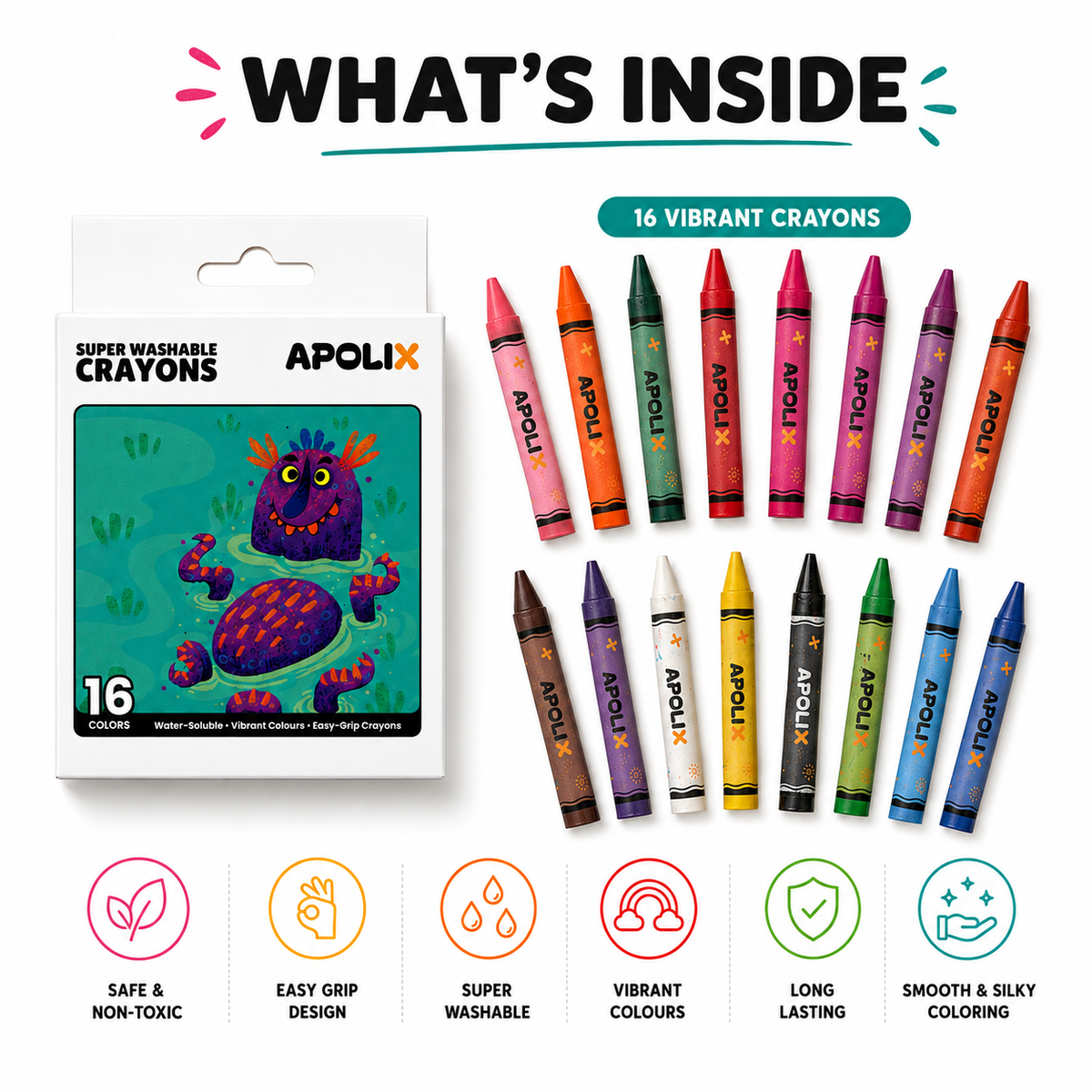 Apolix Super Washable Crayons 16 Colours | Kids Crayons