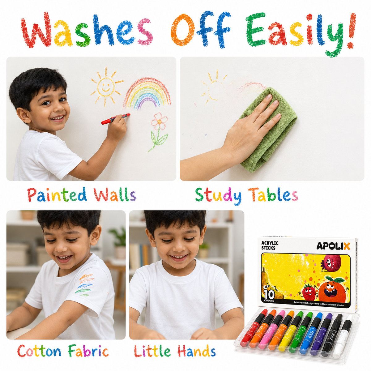 Apolix Acrylic Sticks 10 Colours | Twist-Up Kids Crayons