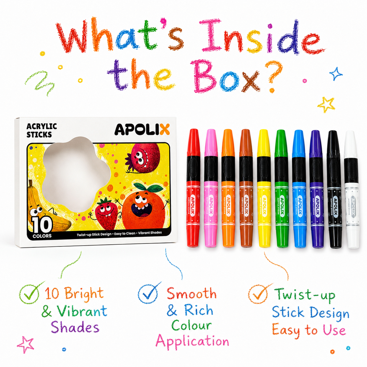 Apolix Acrylic Sticks 10 Colours | Twist-Up Kids Crayons